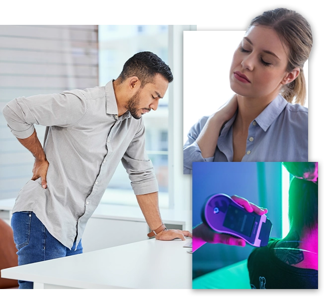 Collage Of Patients With Neck And Back Pain, And Erchonia Laser Therapy