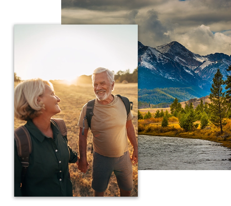 Middle Aged Couple Walking Outdoors Collage With A Photo Of A Mountain And River